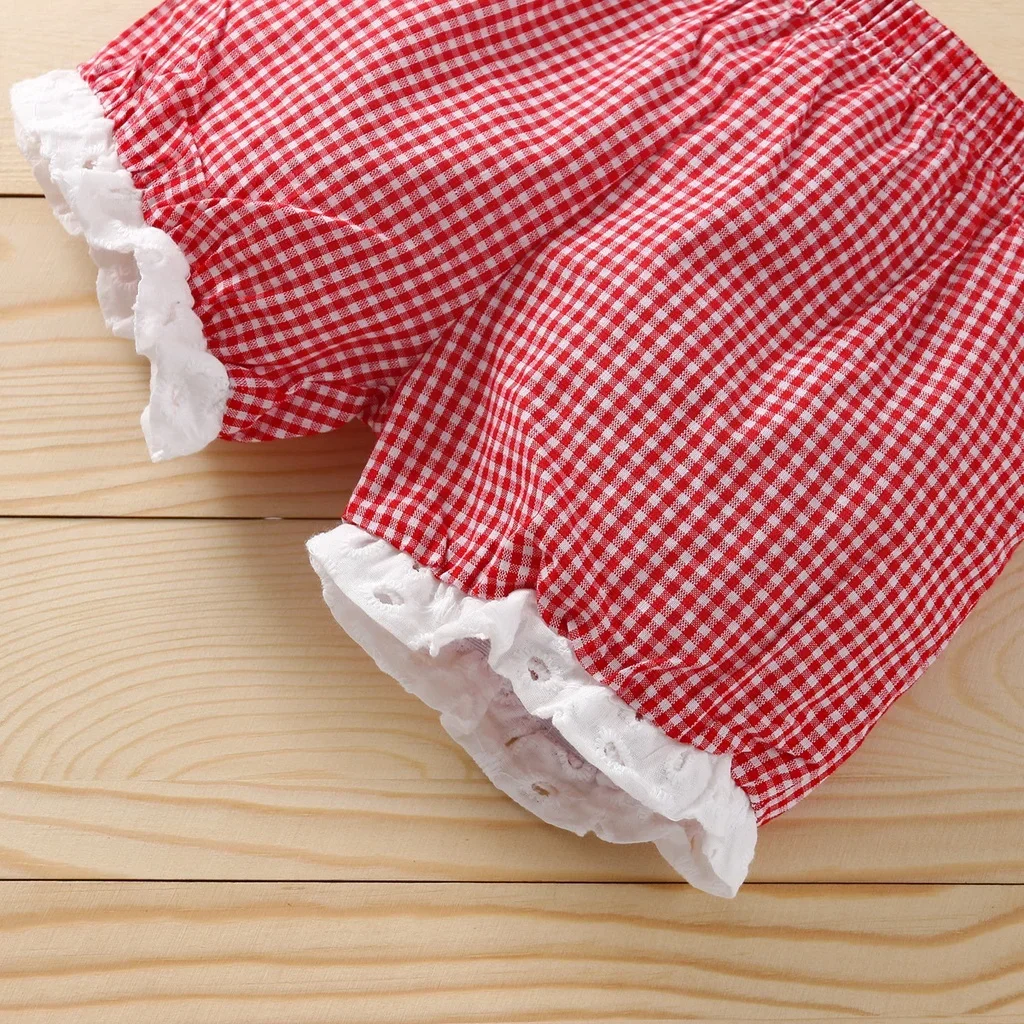 Summer 2/piece Set for Girls Top and Pants Baby Girl Lace Sleeveless Top Plaid Shorts Children\'s Clothing Set