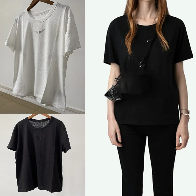 

Black Tee Women Wings Diamonds T-Shirt Female Crew Neck Cotton White T-Shirts Lady Casual Loose Tees Short Sleeve Tops Pullover