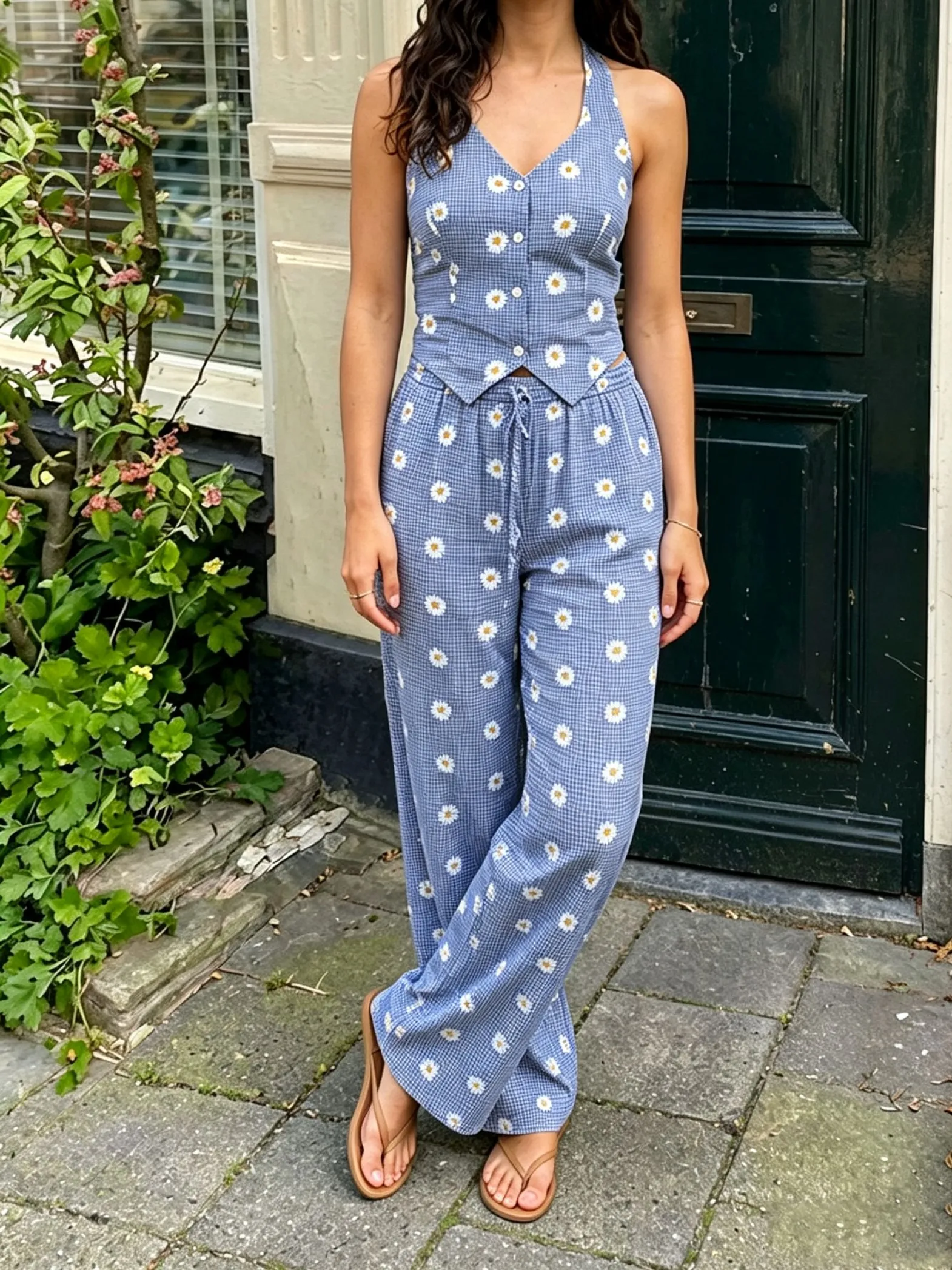 Summer sweet and cool girl-style daisy-print V-neck halter-top loose-fitting wide-leg pants set trendy and fashionable Y2K Punk