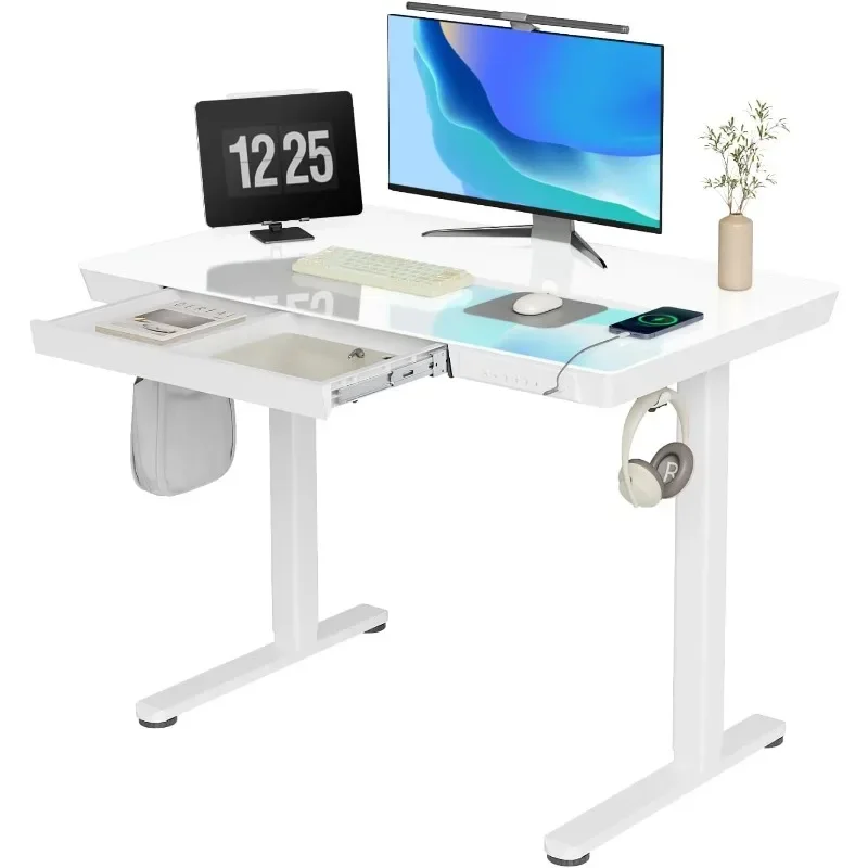 Glass Standing Desk with Drawer, Adjustable Quick Install Home Office Computer Desk with USB Port