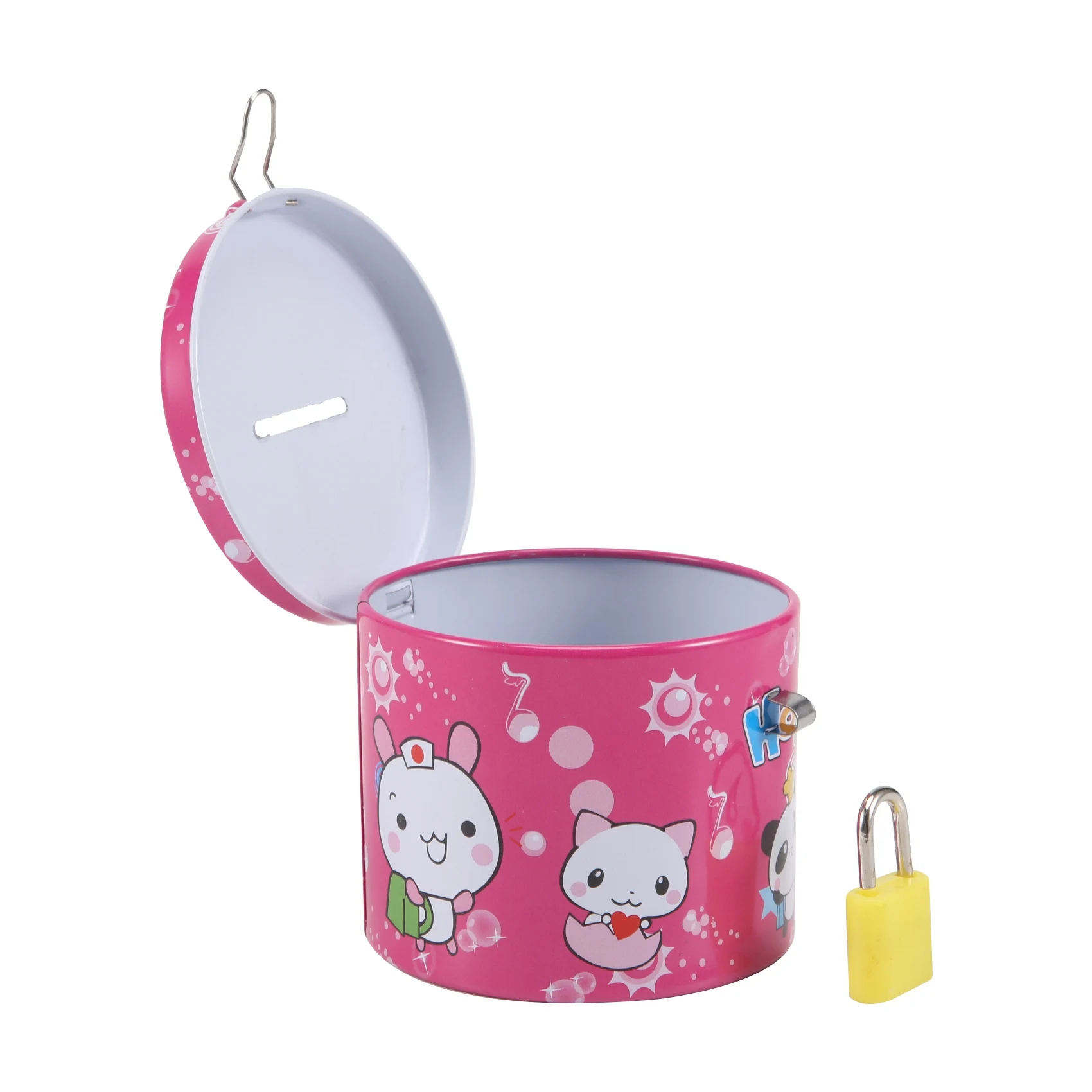 Cylinder Design Cartoon Print Piggy Bank Coin Money Saving Box w Padlock &LICG