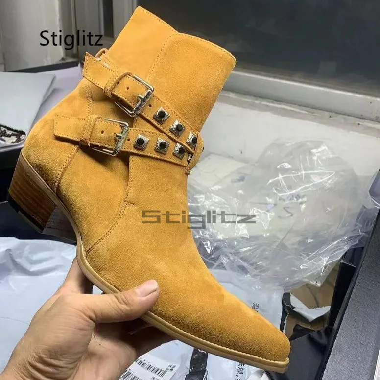 

Винтажные мужские ботинки челси с заклепками, ботильоны из матовой кожи с острым носком и пряжкой на ремешке, мужская обувь для вечеринок ручной работы