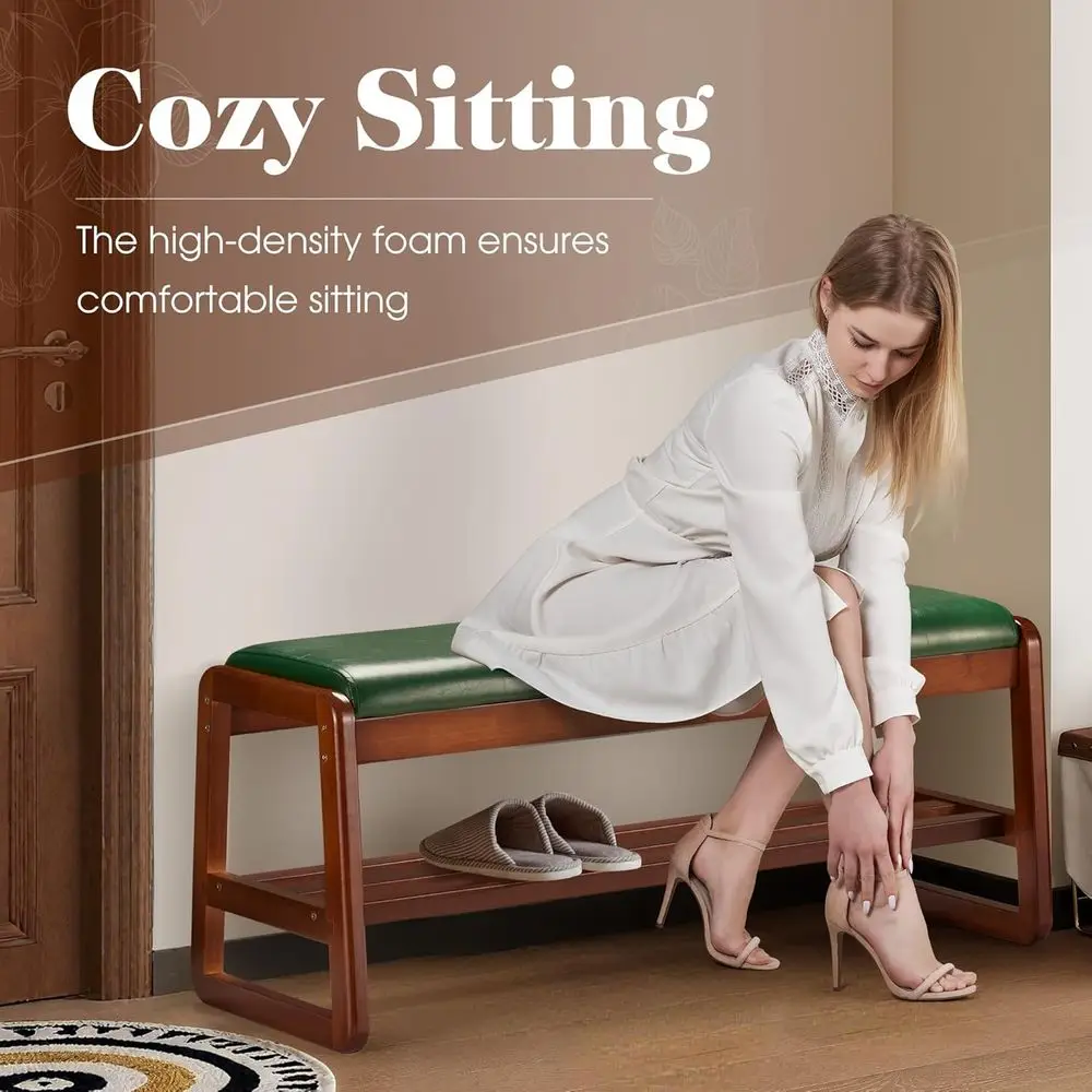 Green Entryway Shoe Rack with Cushion, 2-Tier Organizer for Hallway and Living Room (39.37 Long)