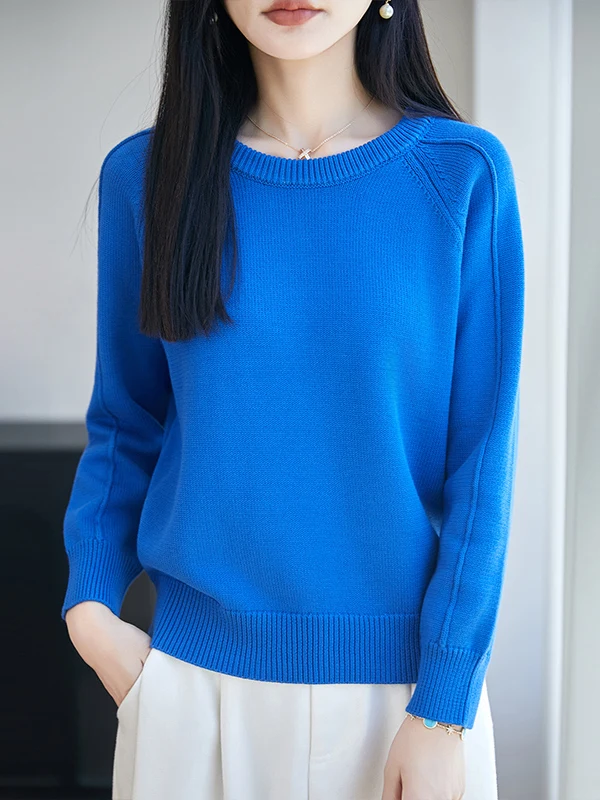 Casual Loose Long Sleeve round Neck Knitted Sweater Women's Pure Cotton Soft Comfortable Warm Base Layer Top