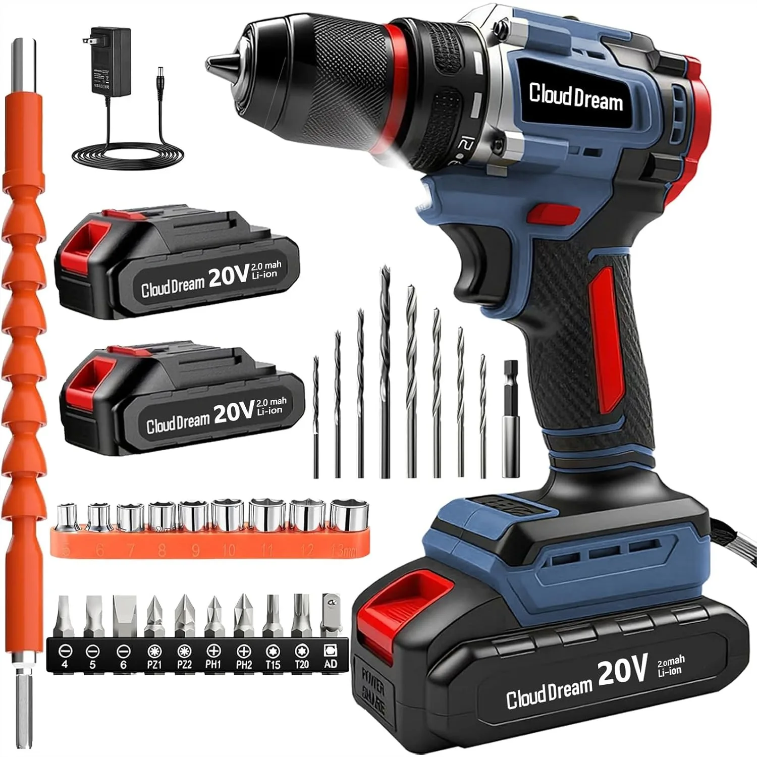 

Cordless Drill Set, 530 in-lbs Power Drill with 2 Batteries, 21+1 Torque, 2 Speed, LED Light for Home