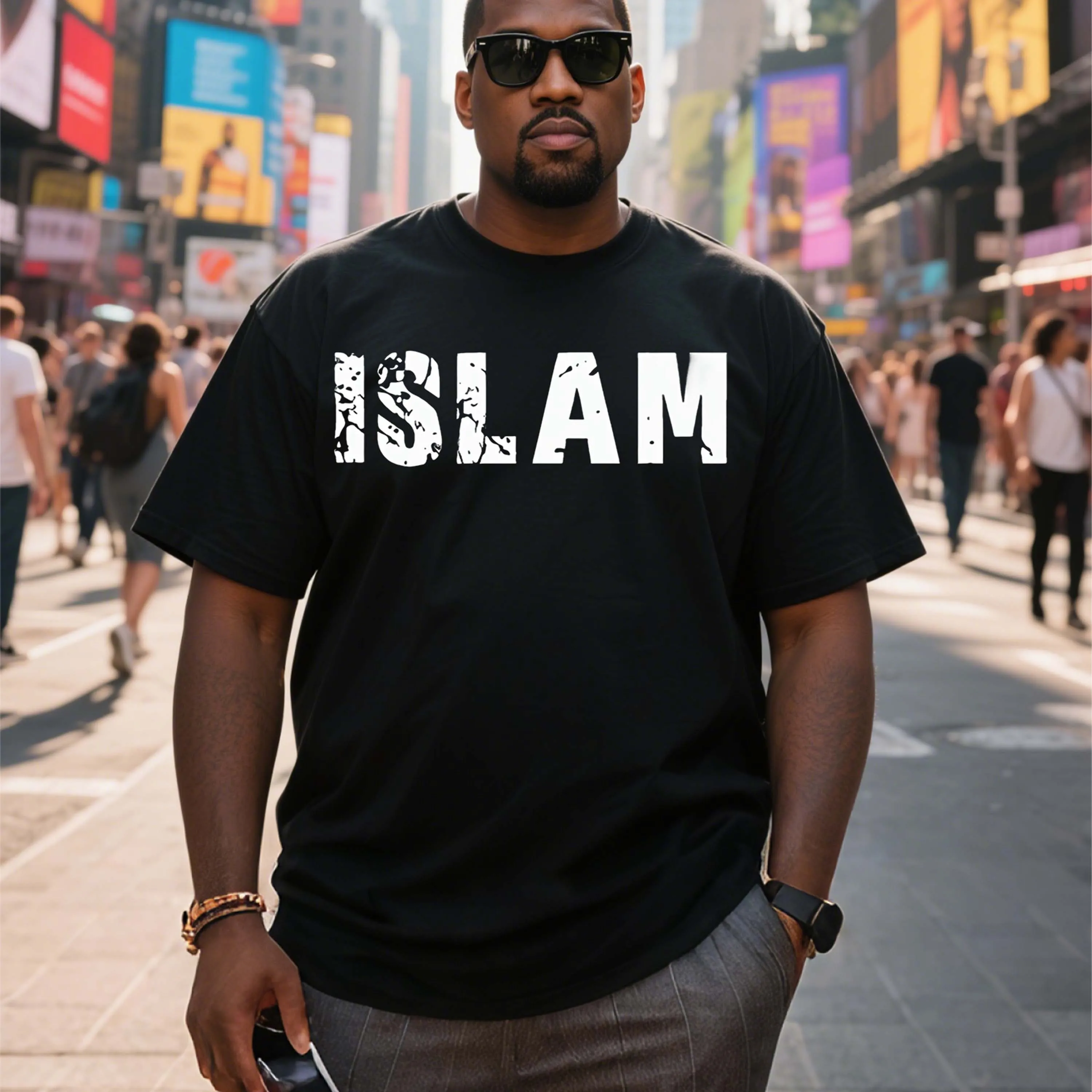 

Plus Size Black Cotton Men's Short Sleeve T-Shirt With“Islam” Letter Print Suitable for Outdoor Leisure Wear in Summer