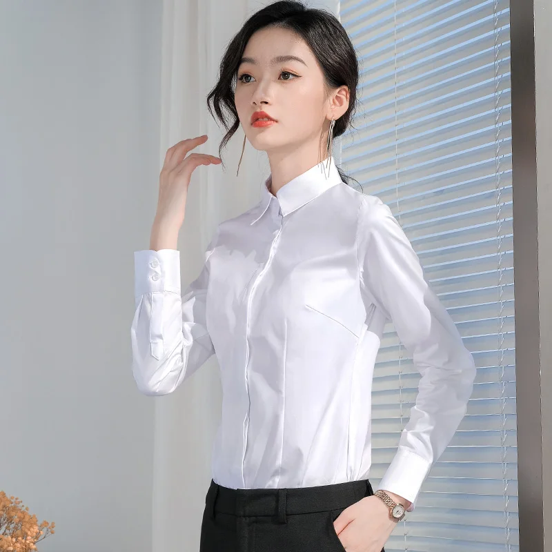 Women's Long Sleeve Button Shirt, Dark Red, Cotton Blouses, Work Lothes, Ladies Office, White Female Tops, Korean Quality, Autum