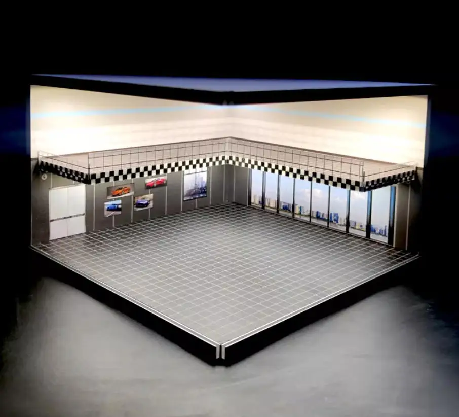 1/18 1/24 1/64 1/43 Maßstab Diecast Auto Garage Diorama Modell Vitrine LED-Beleuchtung Simulation Spielzeugautos Parkplatz Szenerie