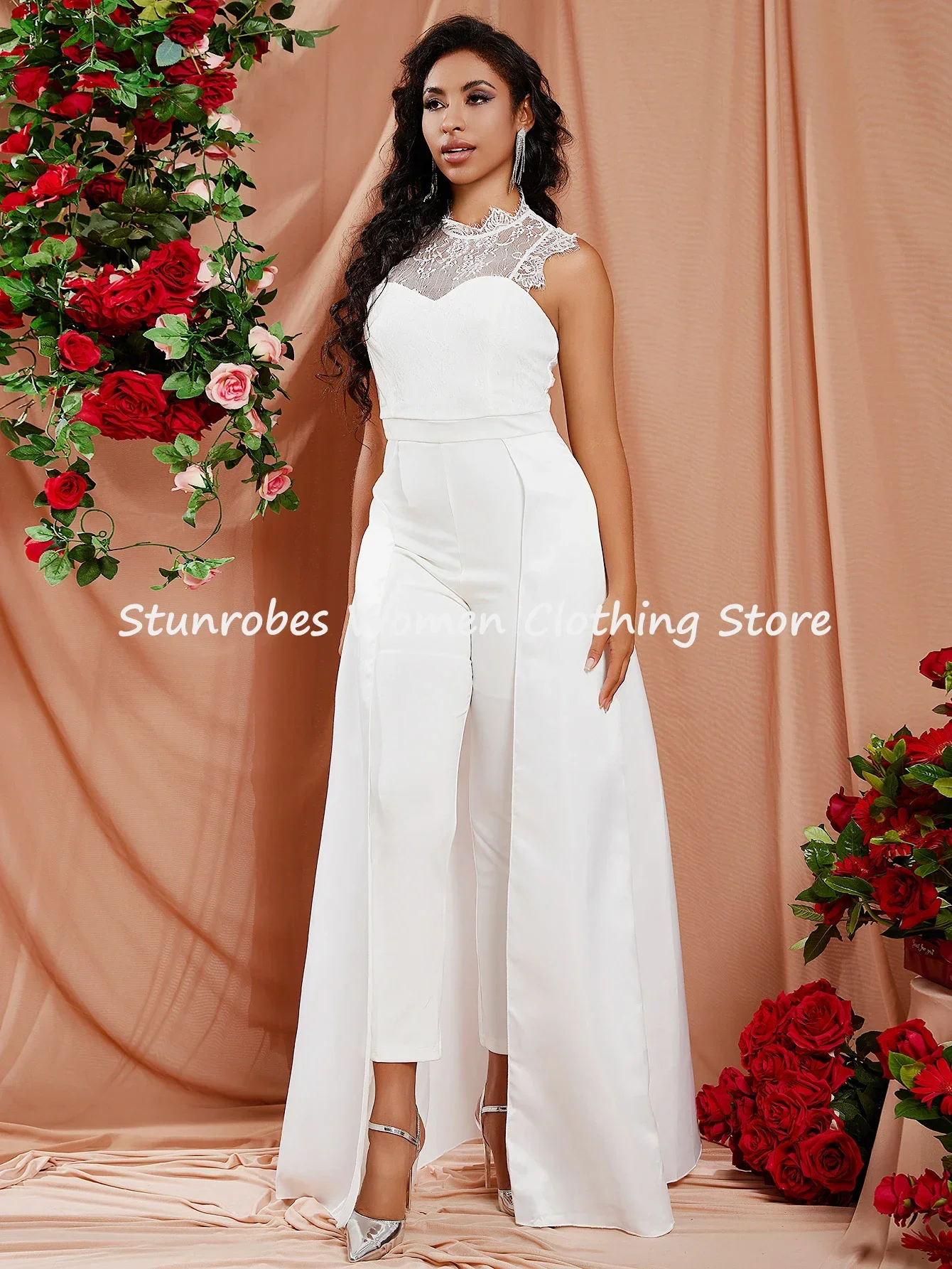 

Cocktail Women Jumpsuits Sleeveless Cloak Sleeve Lace Rompers High Waist Pencil Pants White Jumpsuits Elegant Overalls For Women