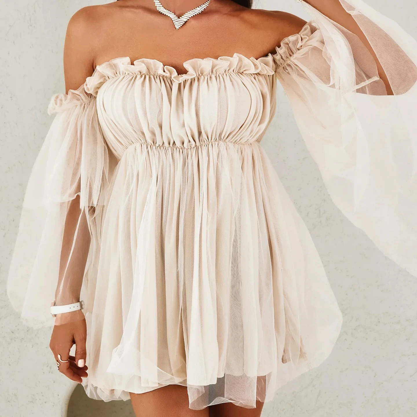 Off Shoulder Frill Trim Sheer Mesh Swing Dress Sexy Ruffle Loose Beach Dresses Slash Neck Mini Dress Elegant Mesh Party Vestido