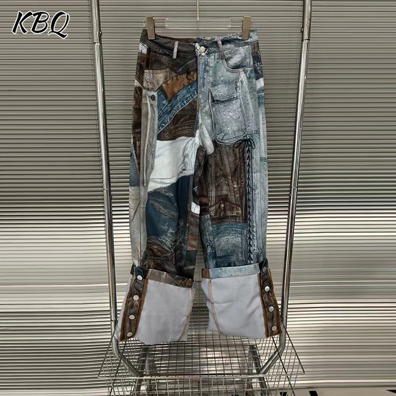 

KBQ Loose Retro Casual Denim Long Pants For Women High Waist Spliced Pocket Wide Leg Lace Up Temperament Paint Female Fashion