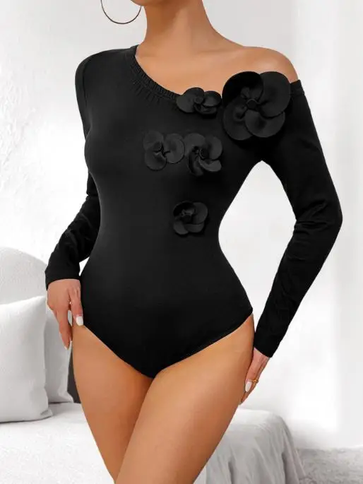 

Autumn New Pure Desire Spicy Girl Three Dimensional Big Flower Slant Neck Single Shoulder Long Sleeve Women's Tight jumpsuit