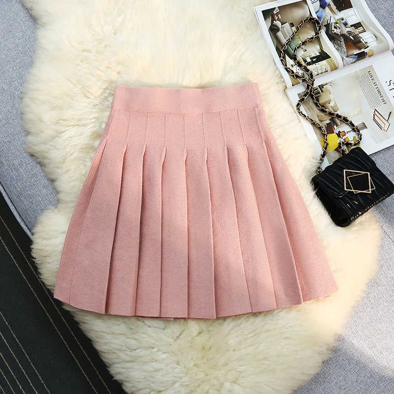 Solid Color Knitted Pleated JK Skirt Women Autumn Winter Sexy Elastic High Waisted Short Mini Skirt Schoolgirl