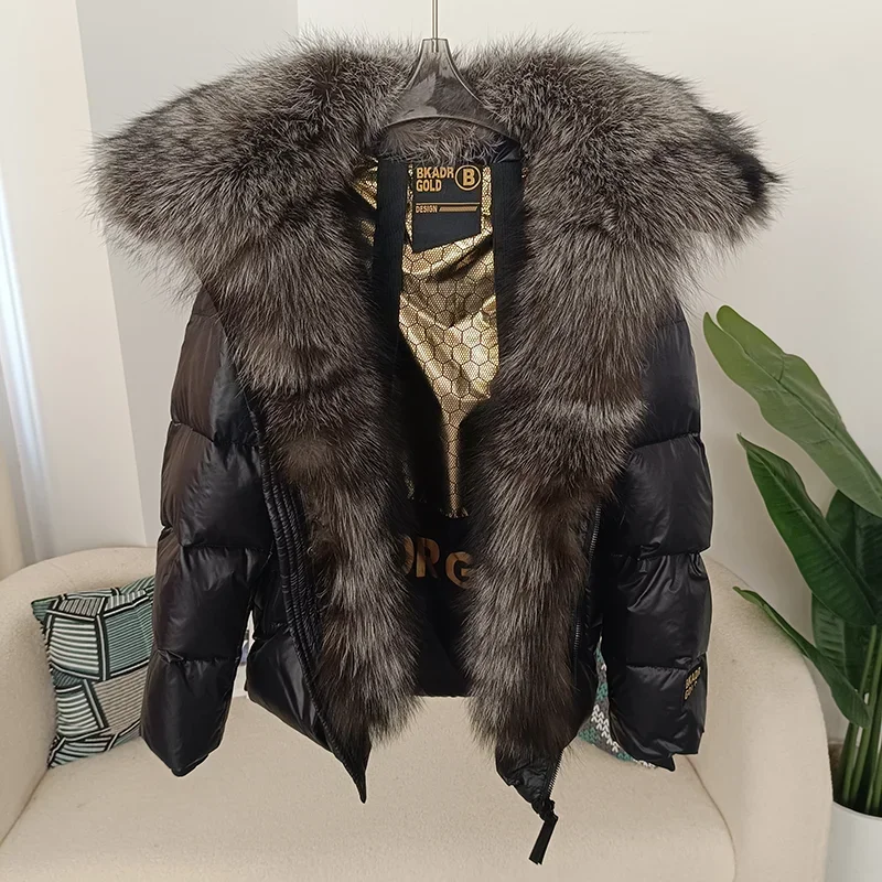 

Женская короткая куртка на белом утином пуху, черная и Золотая Толстая теплая куртка с капюшоном и воротником из натурального Лисьего меха, новинка зимнего сезона 2023