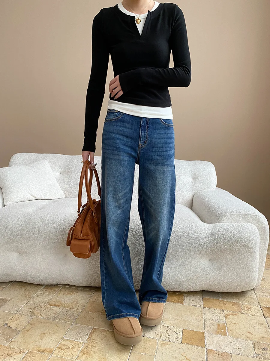 Wczesnojesienne nowe retro polerowane białe sprane postarzane jeansy z wysokim stanem, proste nogawki, szerokie nogawki, wyszczuplające.