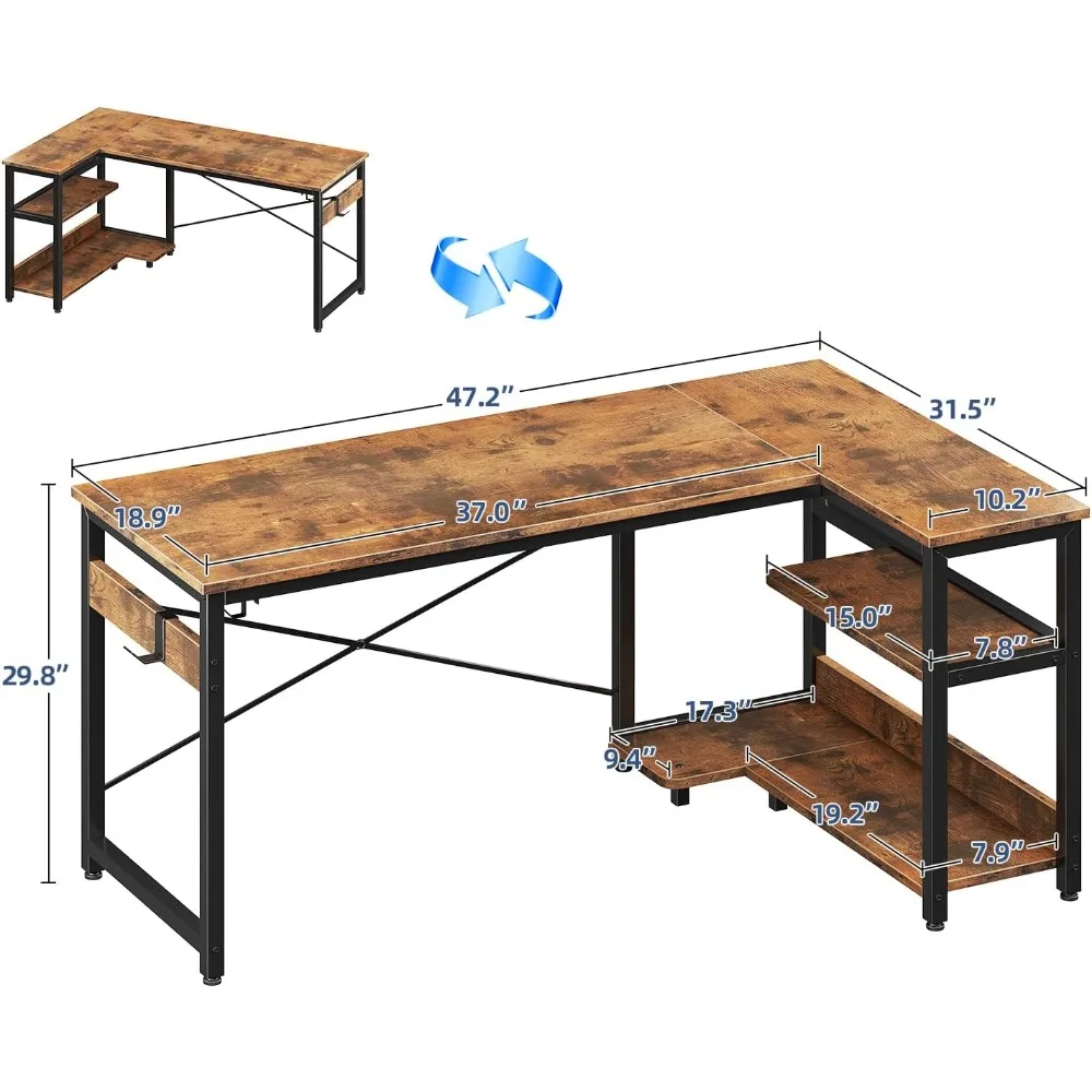 مكتب زاوية مدمج مقاس 48 بوصة مع مساحة تخزين وحامل كمبيوتر للمساحات الصغيرة