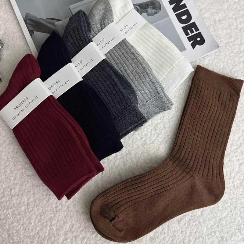جوارب قطنية عتيقة منسوجة للفتيات والنساء ، جوارب أنبوبية يابانية متوسطة ، أحادية اللون ، كورية ، خريف ، شتاء ، 1: 1: 3 أزواج #3