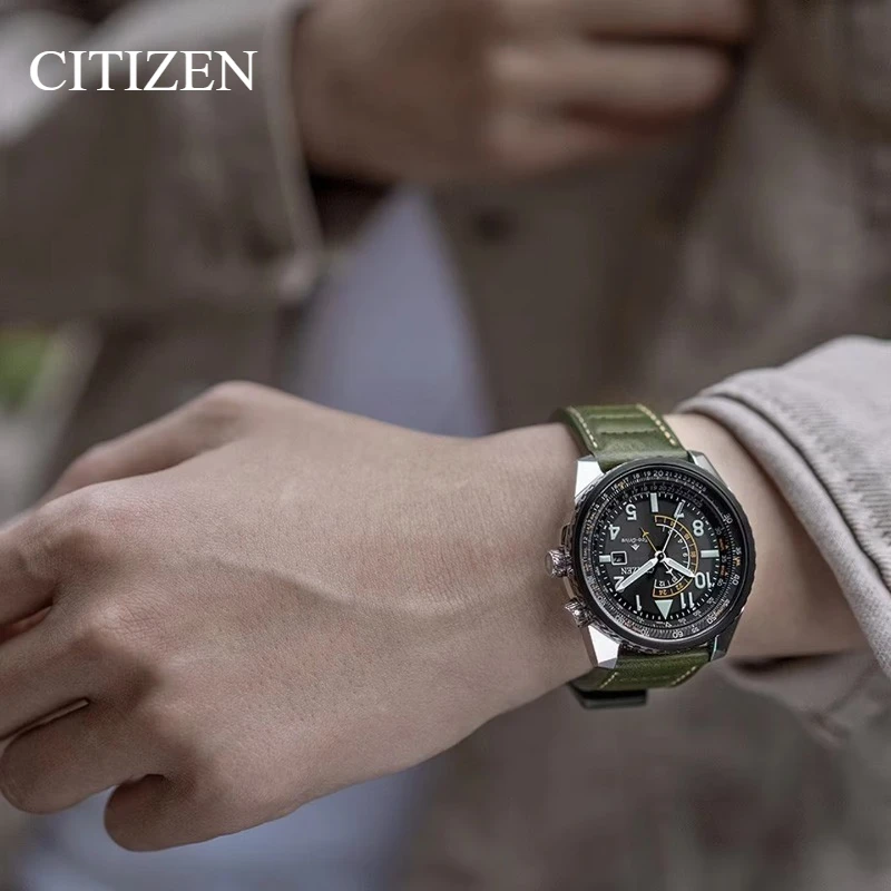 Original Citizen BJ7138-04E Eco-Drive Nighthawk 42mm Black IP Stainless Steel Green Leather 200M Waterproof Date