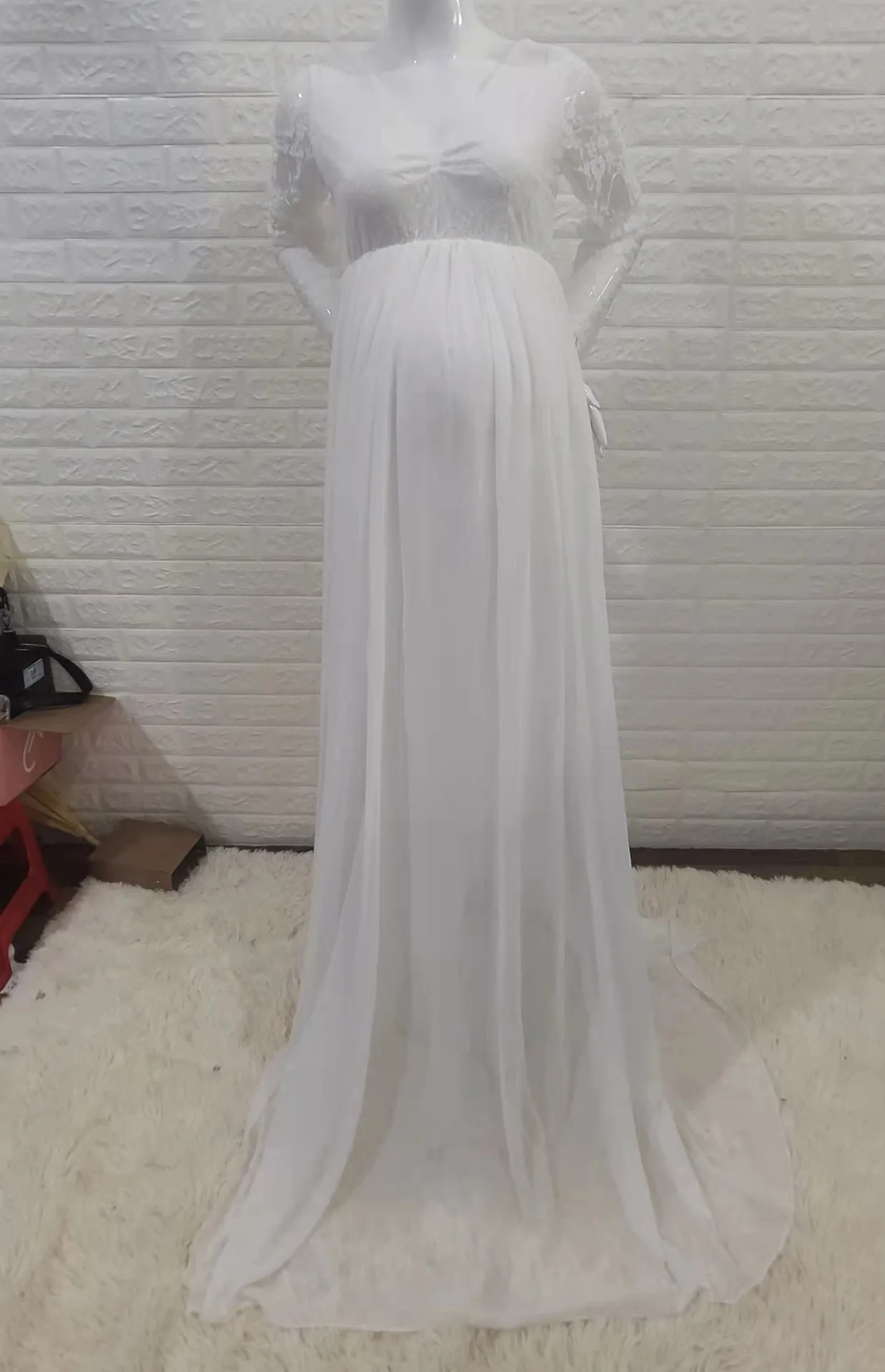 섹시한 임부 사진 촬영 드레스 - 긴 소매 레이스 트림 루즈핏 맥시 가운 (트레인 포함) 유럽 및 미국 스타일 임신복