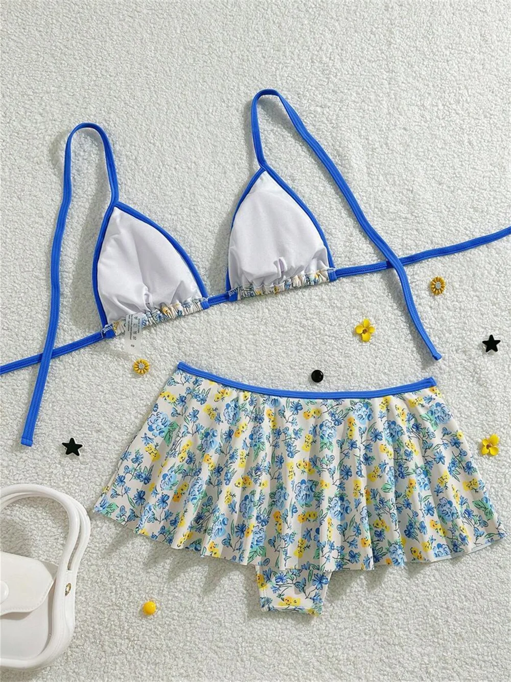 Sexy Blue Border Bikini Floral Swimsuit Pleated Skirt Thong Women Micro String Backless Two Piece Vacation Swimwear Beach Outfit