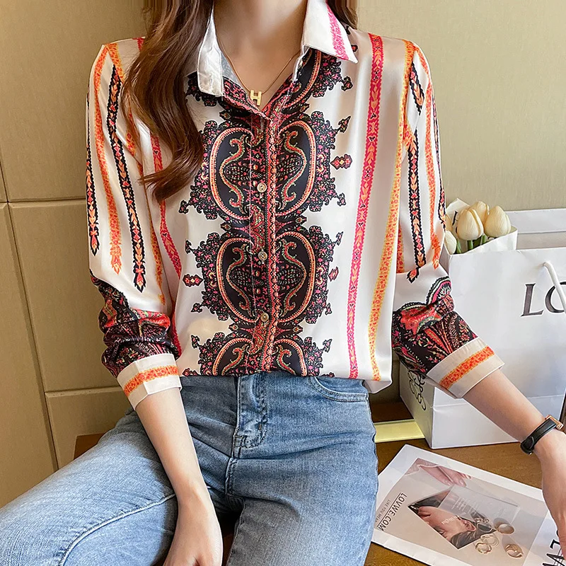 2023 New Bohemian Style Women's Long Sleeved Blouses Fashion Loose Striped Flower Lady's Chiffon Shirt Girl Student Top