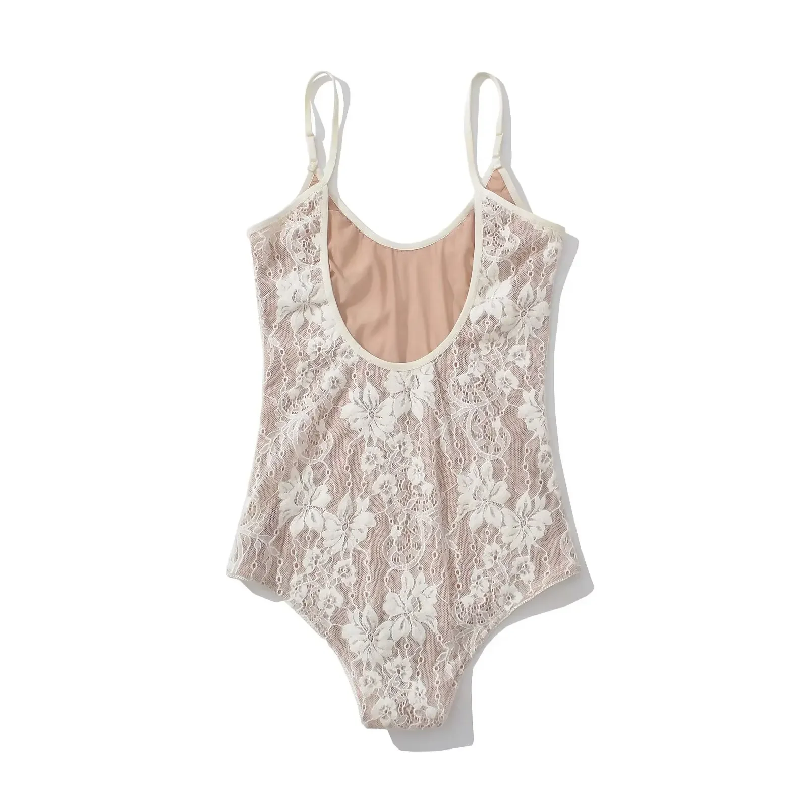 Sexy, durchsichtiger Spitzen-Bodysuit mit Futter, rückenfreier Spaghetti-Träger-Body, eng anliegender, kurzer Jumpsuit, figurbetonte Romper- und Playsuit-Modelle für Damen. – Detail 16