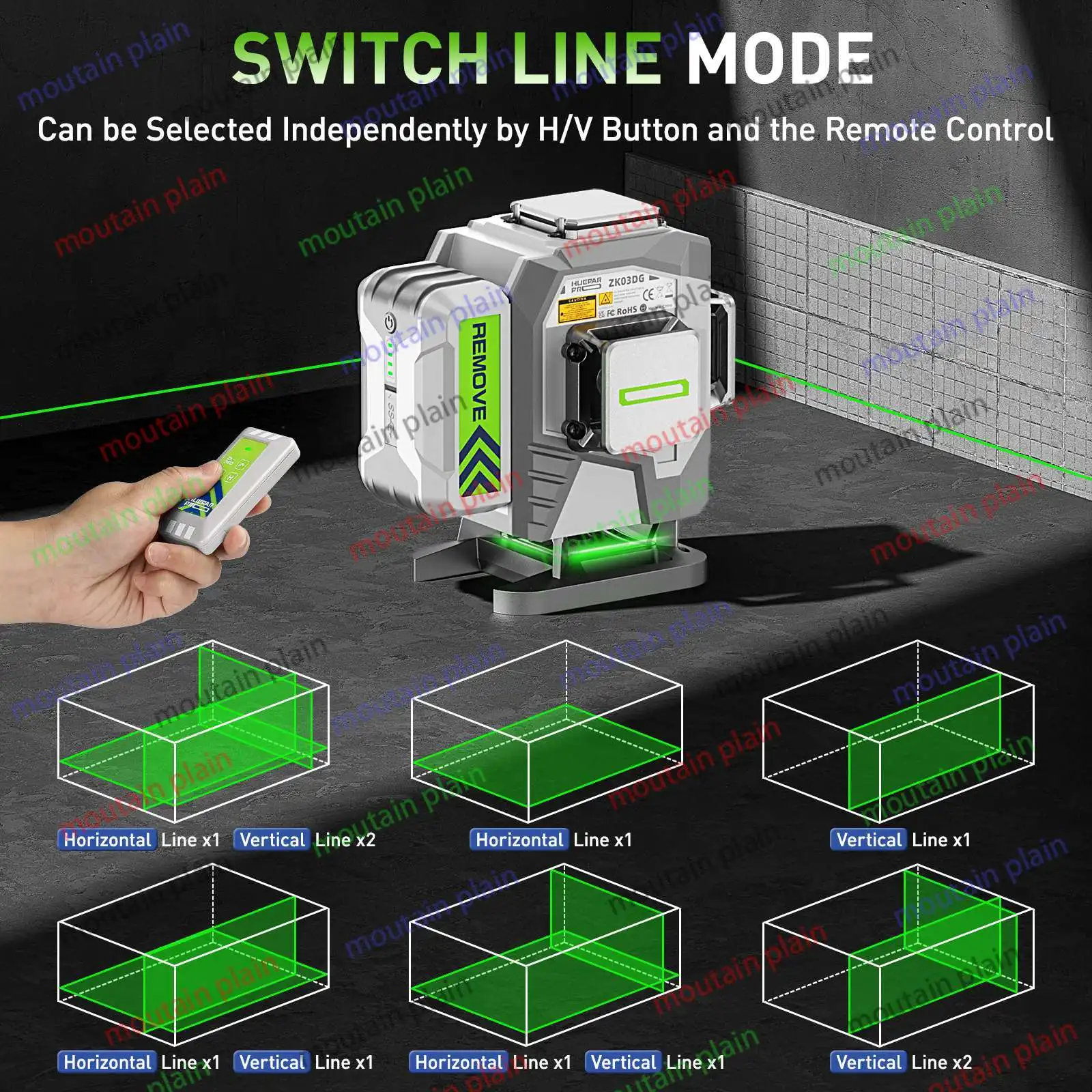 Control Horizontal Vertical Line ZK03DG 3D Green Self-Leveling 12 Lines Laser Level 360 With Rotary Remote