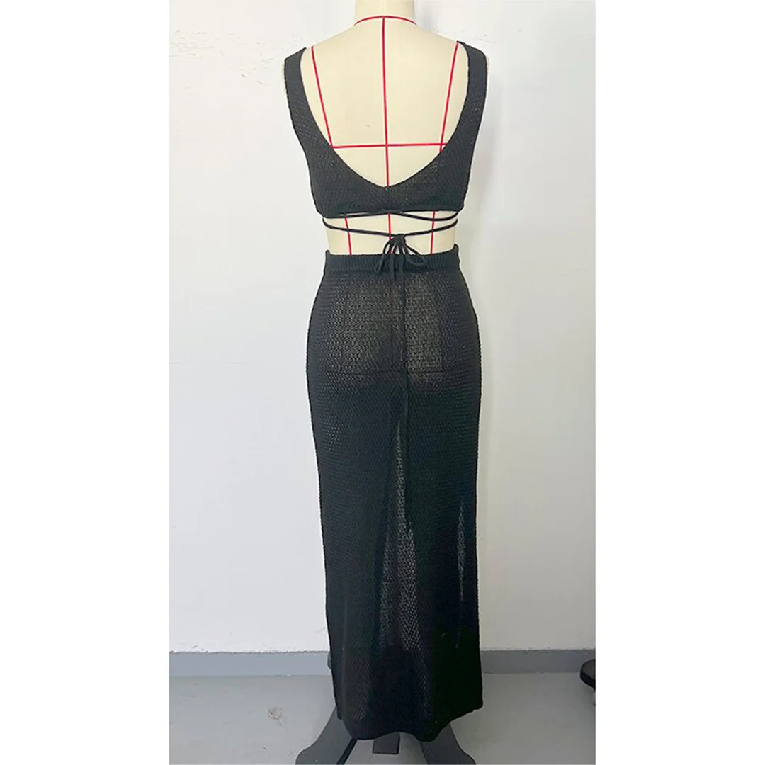 Sexy, hochgeschlitztes, ärmelloses, gehäkeltes, gestricktes Strandkleid, Strandtuch, Strandkleid, zweiteiliges Set, Strandmode V6124 – Detail 16