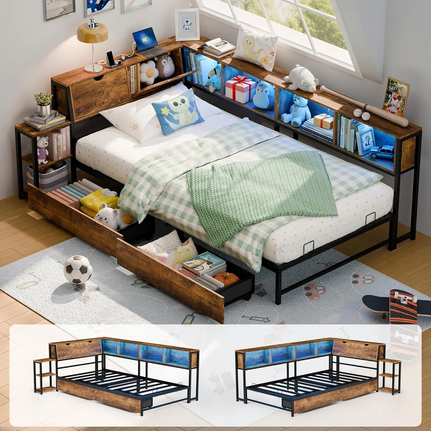 new Twin Corner Bed Frame Storage Bookcase Headboard LED Charging Shelves Drawers Living Bedroom Guest Brown Customized