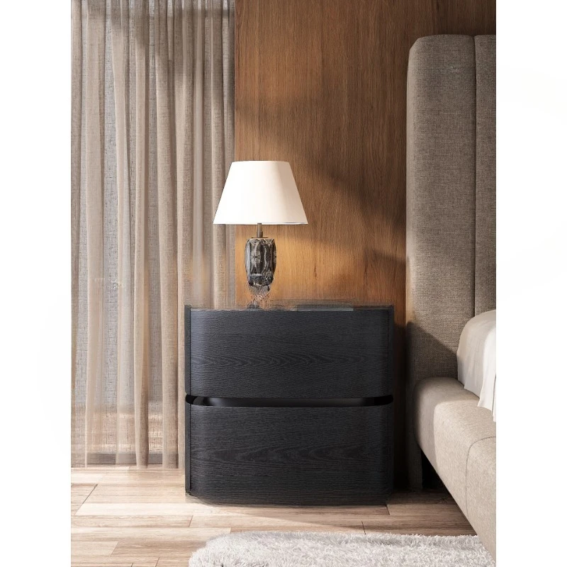 Bedside table, solid wood Italian minimalist modern minimalist black, household bedroom bedside storage cabinet