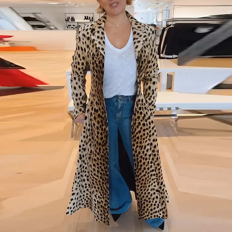 

Осенняя модная длинная ветровка с воротником с лацканами, зима 2025 г., повседневная свободная куртка с длинными рукавами, женские элегантные верхние пальто с леопардовым принтом