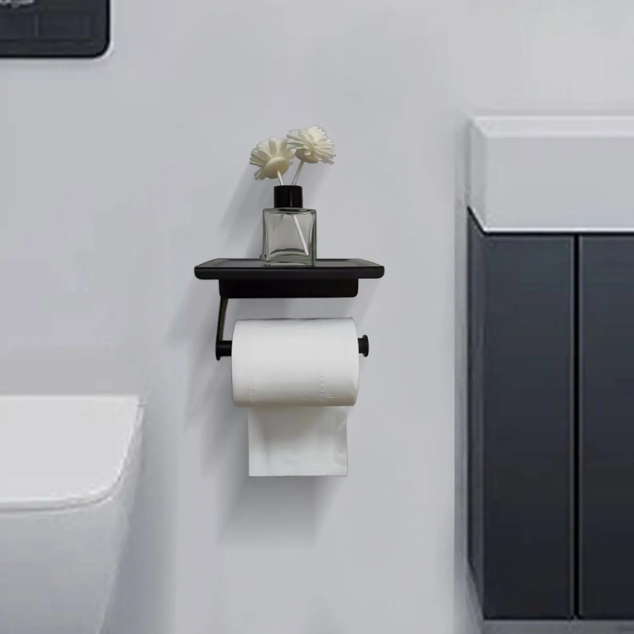 1PC Stainless Steel No-Nail Toilet Paper Rack & Phone Holder, Waterproof Bathroom Storage for Home/Commercial Use