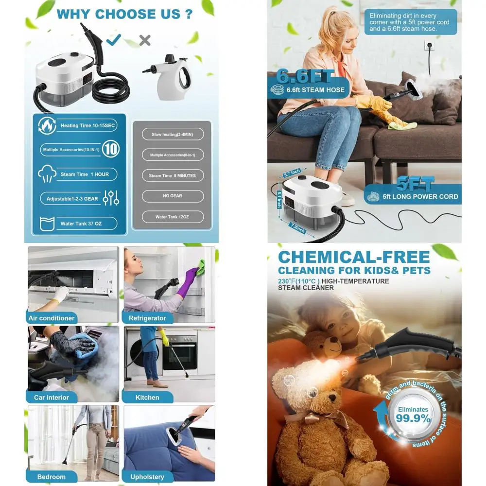 

Мощный пароочиститель мощностью 2500 Вт с баком на 37 унций и 10 аксессуарами для дома, автомобиля и многого другого