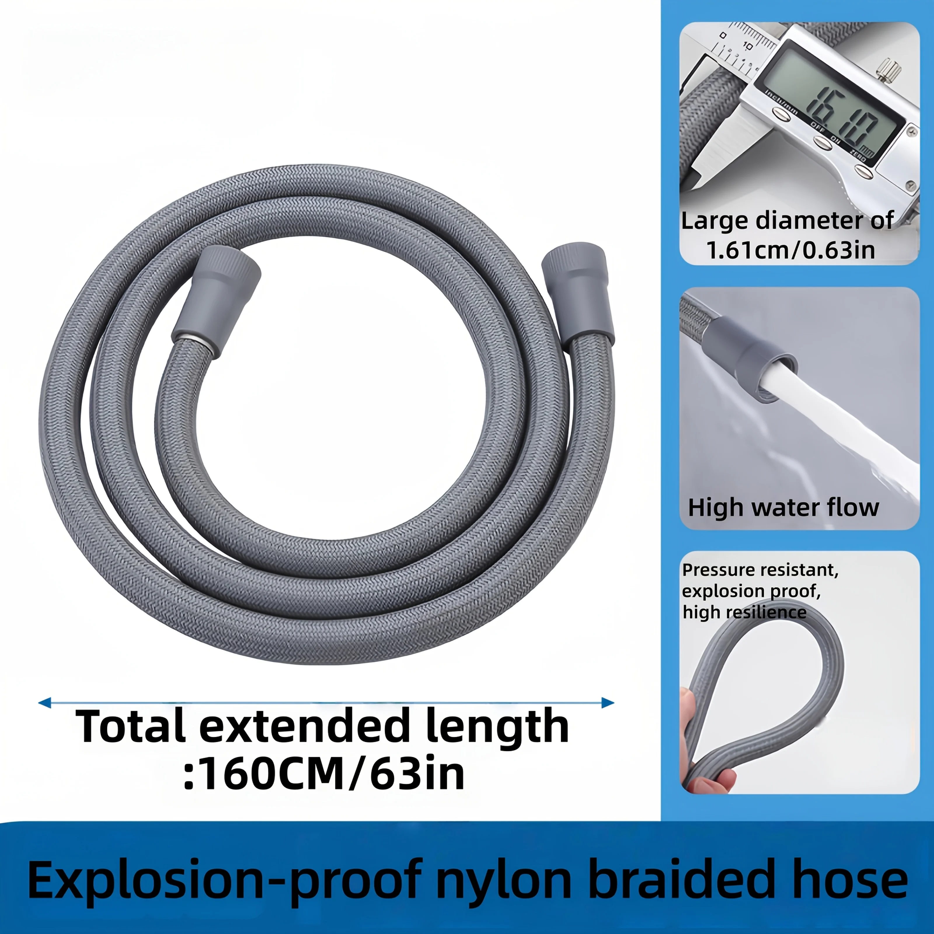 Nylon Braided Shower Hose 160cm/62in, Extra Long Flexible Hose with ABS Connectors, Leak Proof High Pressure Anti-Burst for Hot