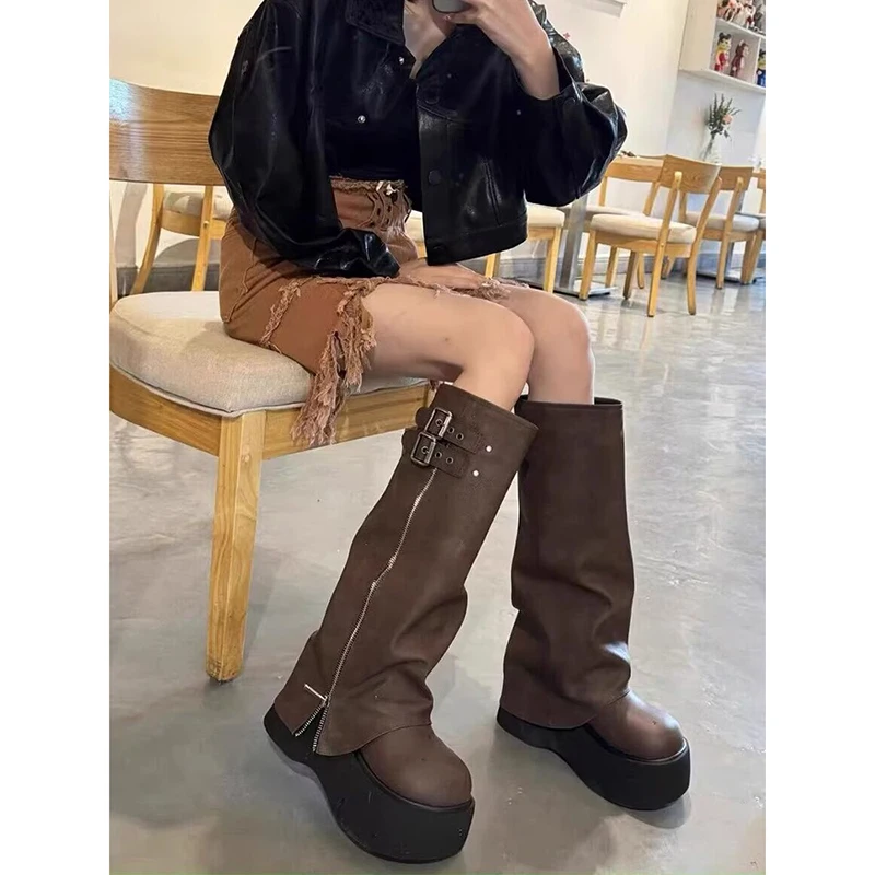 

Women's Ankle High Thi Bot Heightening Long Tube Boots 2025 New Knee High Brown Knight Boots Faionable Korean Sle