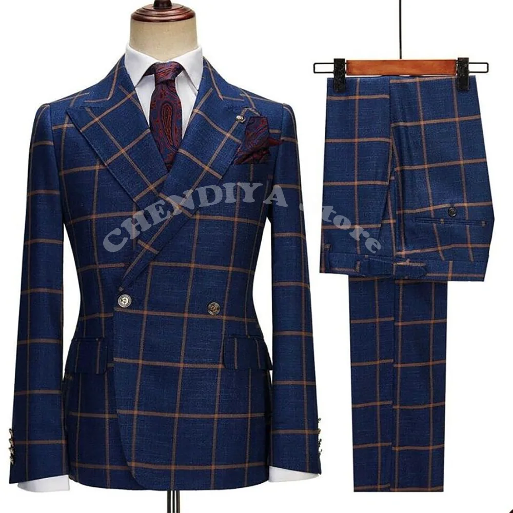 

Fashion Plaid Men Suits Double Button Formal Blazer Peak Lapel Customized Male Clothing 2 Piece Wedding Party Smart Casual Suit
