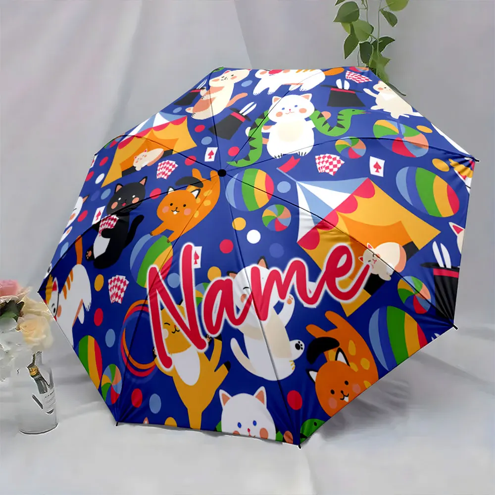 Custom Name Umbrella Colorful Cat Circus Umbrella Design Print 8 Iron Ribs Folding Umbrella Auto-Open Fashion Sunshade