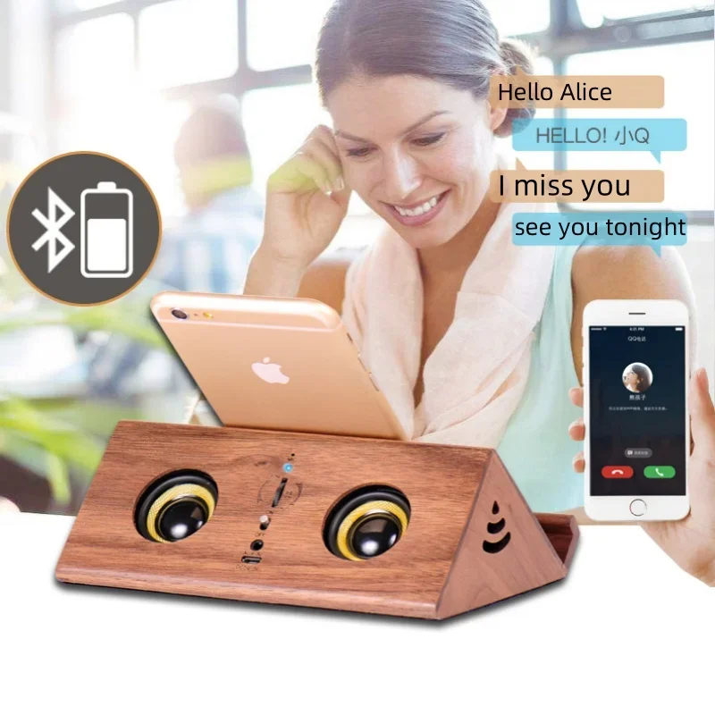 Wooden Portable Caixa De Som Bluetooth Speaker with FM Radio Phone Holder Inductive Connection Mini Sound Box Stereo Subwoofer