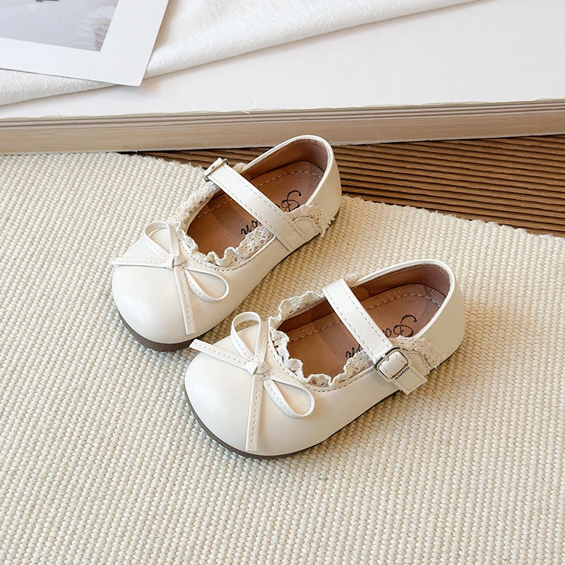 2026 Children Leather Shoes Girls Spring Autumn New Sweet Bowtie Fashion Style Soft Bottom Elegant Lace Versatile Casual Shoes