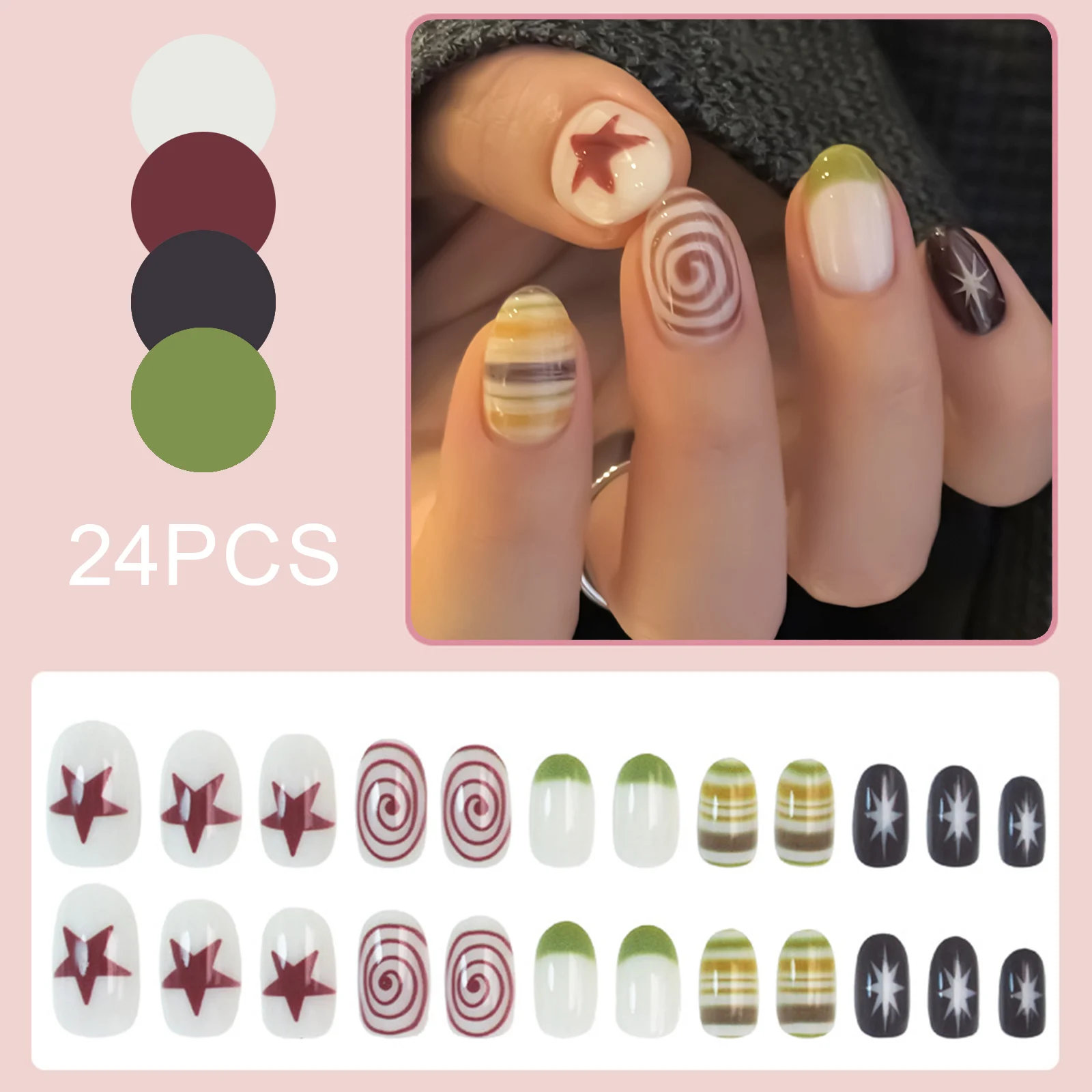 24pcs Hand-Painted Star Retro Polka Dot Fake Nails Press On Nails Artificial Wearable Nail Tips For Women Daily Wear Nails Tips