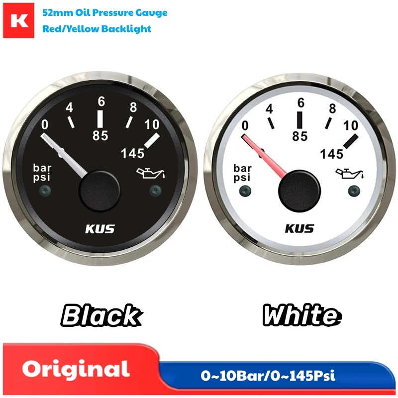 

KUS 52mm 10-184ohm Input Signal Oil Pressure Gauges Cars 0-10Bar / 0-145Psi Show Oil Pressure Meters M10x1 NPT1/8 NPT1/4 Senders