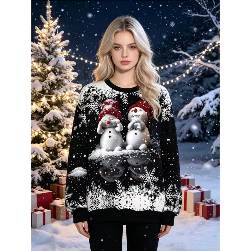 3D Christmas Elements Printed Party Sweatshirt Long Sleeve round Neck Casual Loose Hoodie for Holiday Celebrations