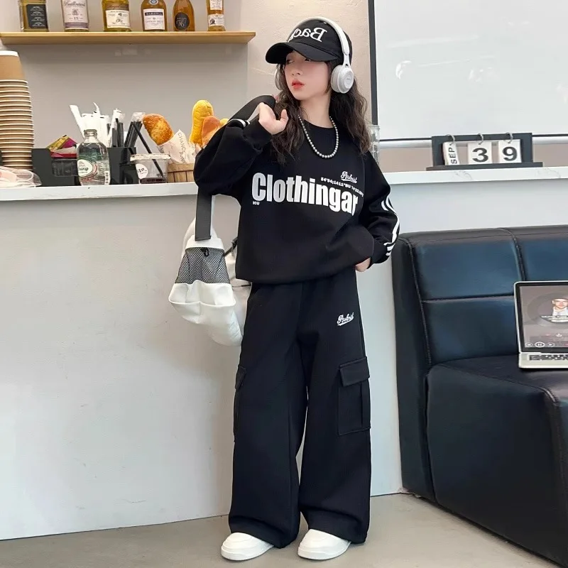 KIDWHXR Junior Girls Spring 2-piece Tracksuit Letter Striped Printed Sweatshirt Elastic Wiast Pocket Pant Loose Sports Suits