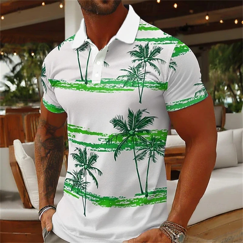 New Men's Summer 3D Palm Tree Print Short-Sleeve Shirt Men's Fashionable Casual Polo Shirt Beach Vacation Collared T-Shirt