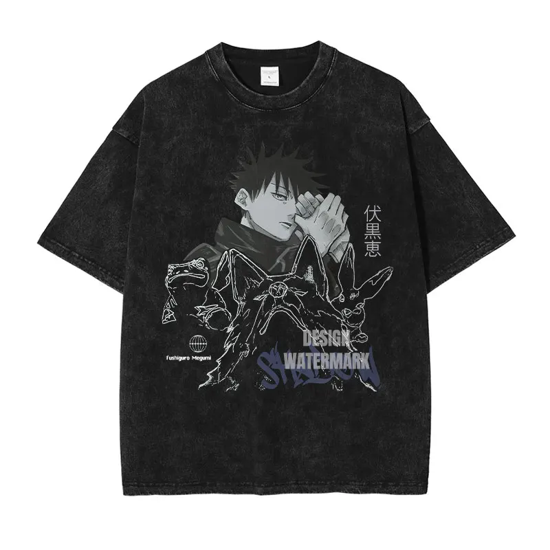 

Футболка оверсайз черная с эффектом кислотной стирки Jujutsu Kaisen Megumi Fushiguro Shikigami Shadow, летняя аниме-стритвир футболка с графическим принтом 2026