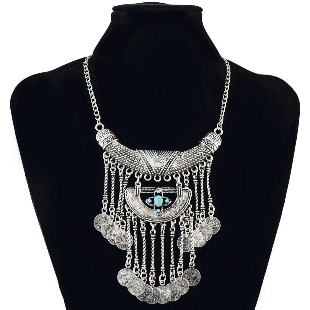 Boho Vintage Silver Imitation Turquoise Bib Necklaces Coins Pendant Women Gypsy Choker Collar Statement Ethnic Jewelry Accessory