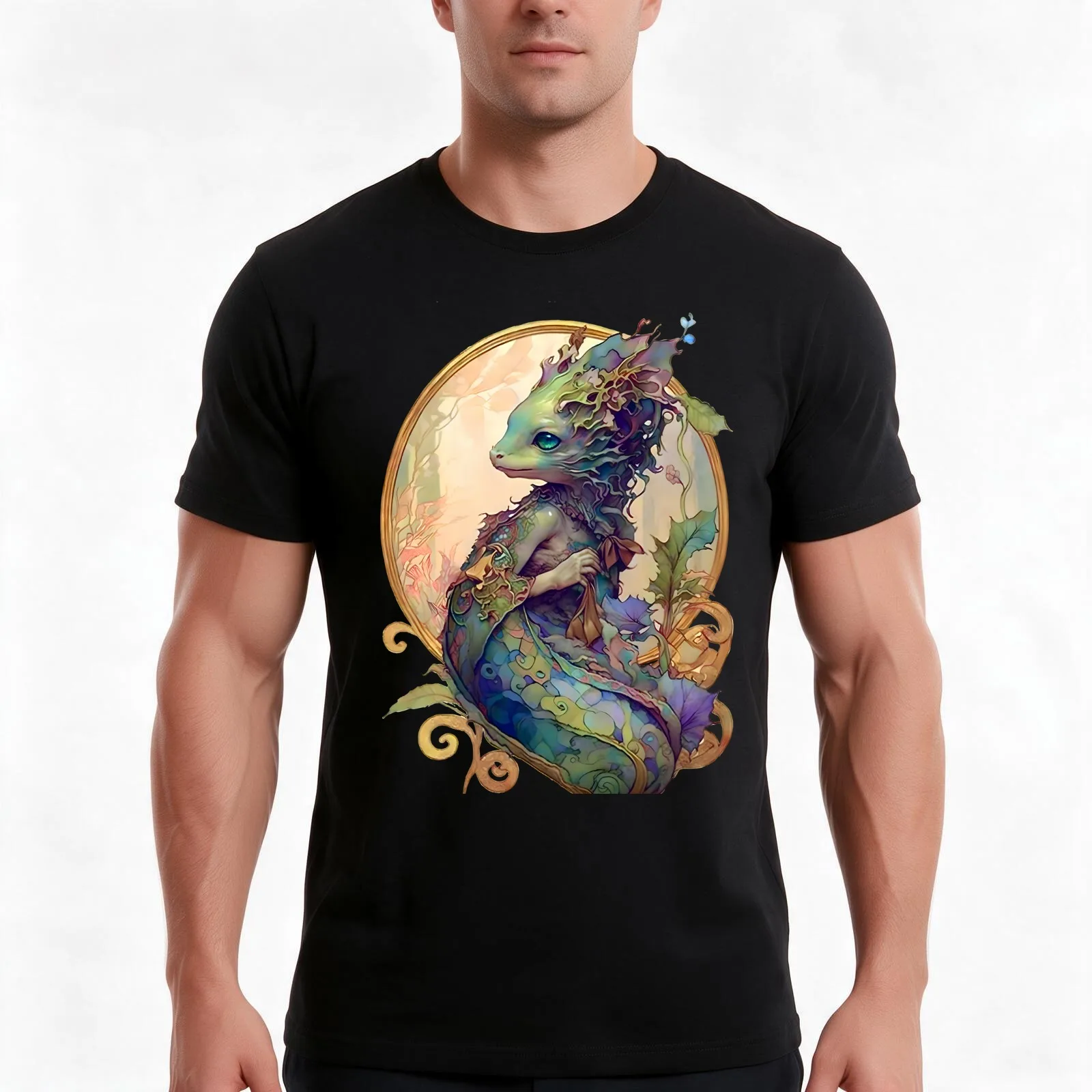 Art Nouveau Fantasy Anthropomorphic Seahorse T-Shirt Summer Casual Cotton Tee Oversized Streetwear Tops Vintage Graphic Print