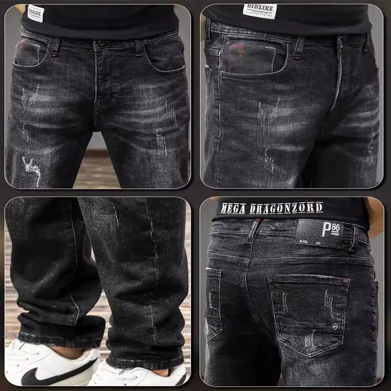 Street Fashion Men Jeans Retro Black Gray Stretch Slim Fit Ripped Jeans Men Vintage Designer Elastic Denim Pants Hombre