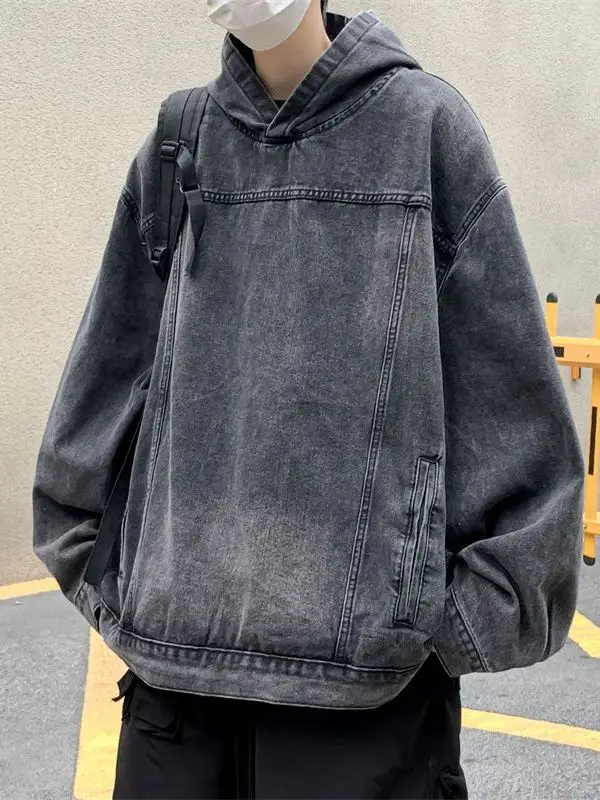 

Waed Denim Hoodie Men's Loose Fit Vintage Sle Spring Autumn Streetwear Casual Long Sve Pure Color Straight Hem Jeans H...