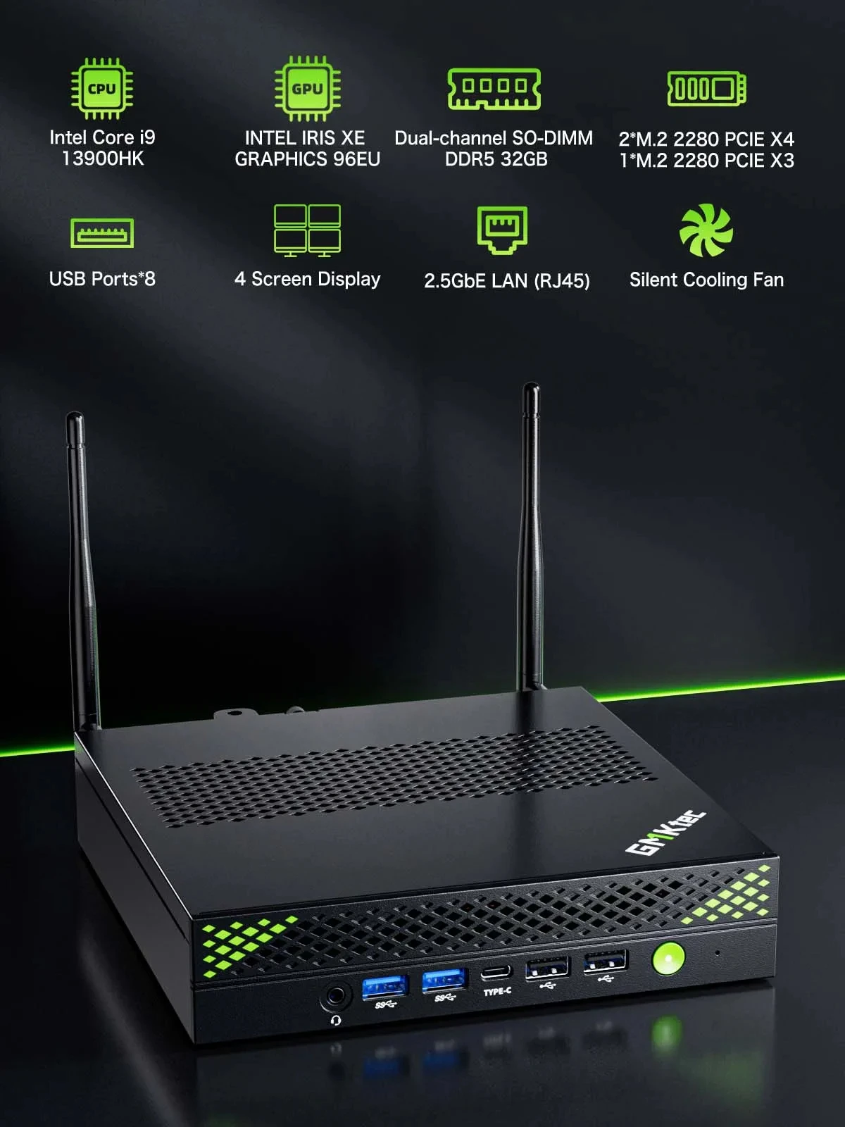 2025 GMKtec K10 كمبيوتر صغير 13th Core i9-13900HK Win11Pro 2 * DDR5 3 * PCIE SSD WIFI6 BT5.2 2.5G Lan كمبيوتر ألعاب مكتبي مكتبي